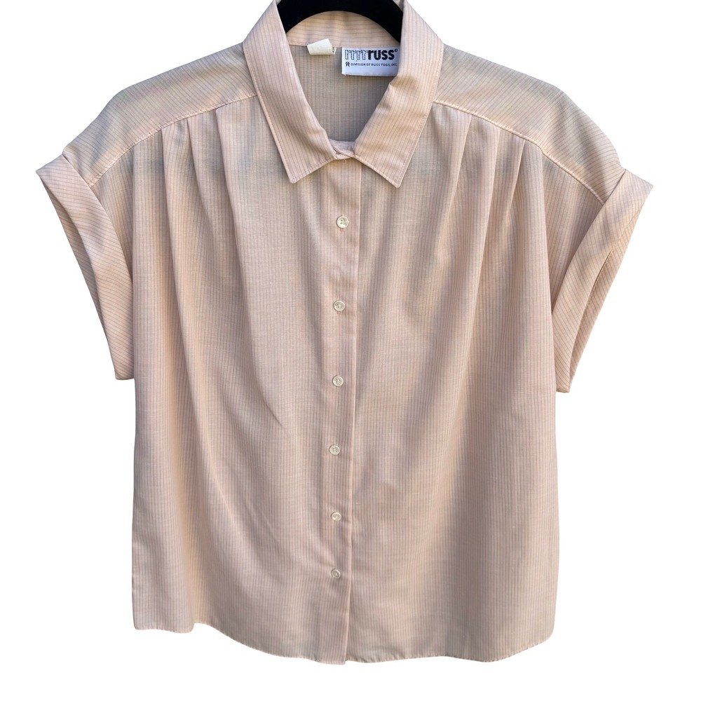 Russ Toggs Vintage Peach Blue Pinstripe Short Sleeve Button Down Shirt Womens 16